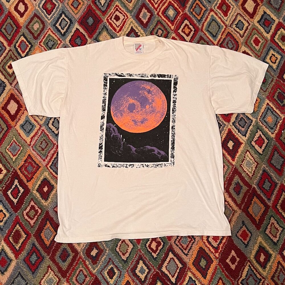 Jerzees Graphic Tee with Orange Moon Design - White, Size XL